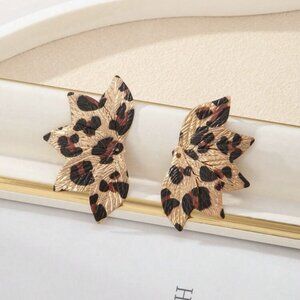 Leaf Shaped Leopard Print Gold Color Earrings for women
